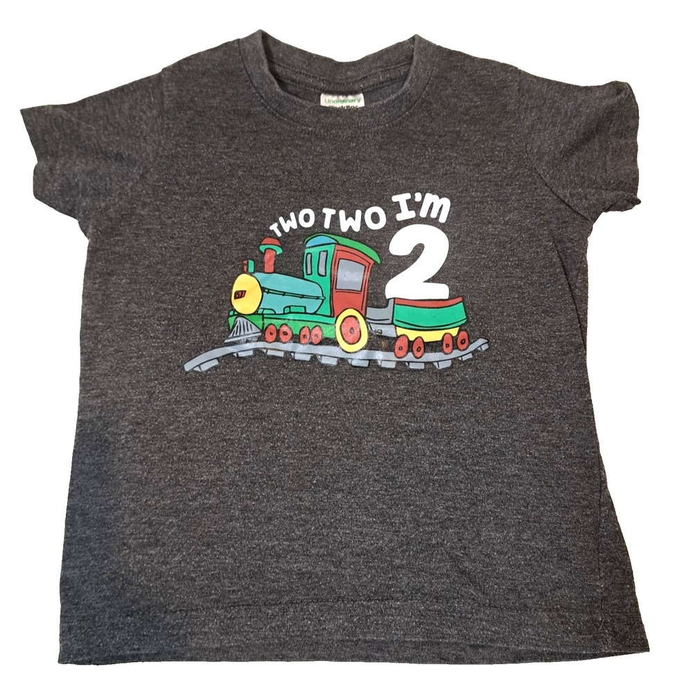 Unordinary 2nd Birthday T-shirt Toddler Boy 3T "Two Two I'm 2" Train Gray